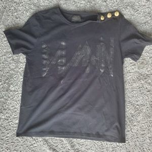 Balmain black tee shirt with gold buttons